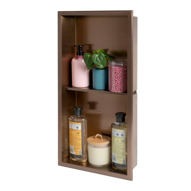 ALFI brand 12" x 24" Brushed Copper PVD Stainless Steel Vertical Double Shelf Shower Niche - Mahogany