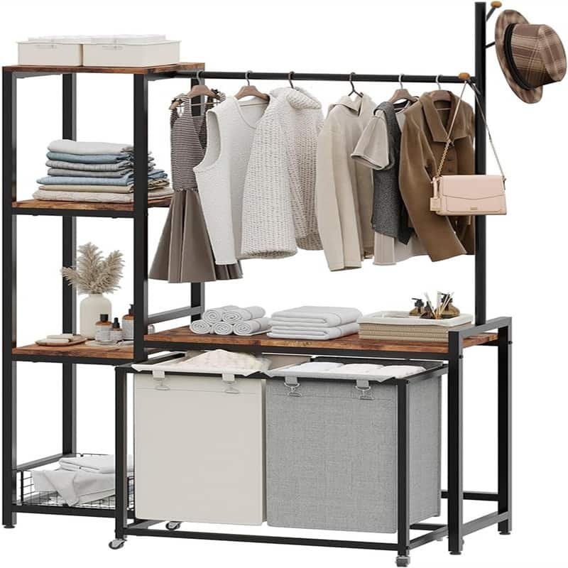 2 Section Laundry Hamper With Shelf, Clothes Rack with Laundry Sorter - 12.6"D x 40.94"W x 70.87"H - Rustic Brown and Black