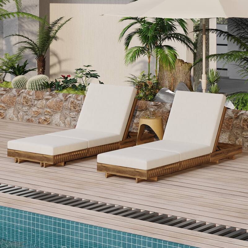 Christopher Knight Home- Lingard Outdoor Acacia Wood Chaise Lounge Set - Teak+Cream+2 Piece