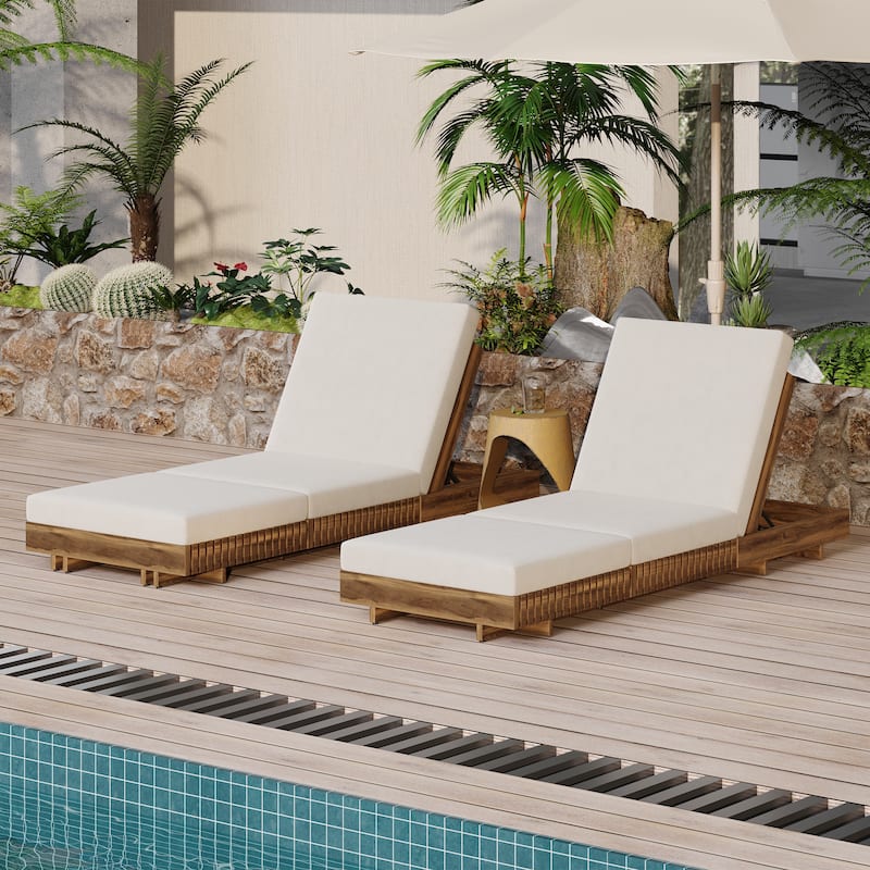 Roomfitters Acacia Wood Outdoor Chaise Lounge with Triple-Fold Water-Resistant Cushion and Reclining Backrest, Cream
