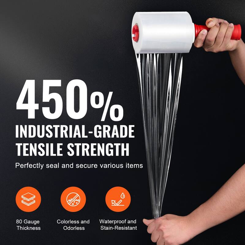 Stretch Film, 80 Gauge Industrial Strength Clear Durable Stretch Wrap Roll, Heavy Duty Shrink Film Stretch Wrap with Handles