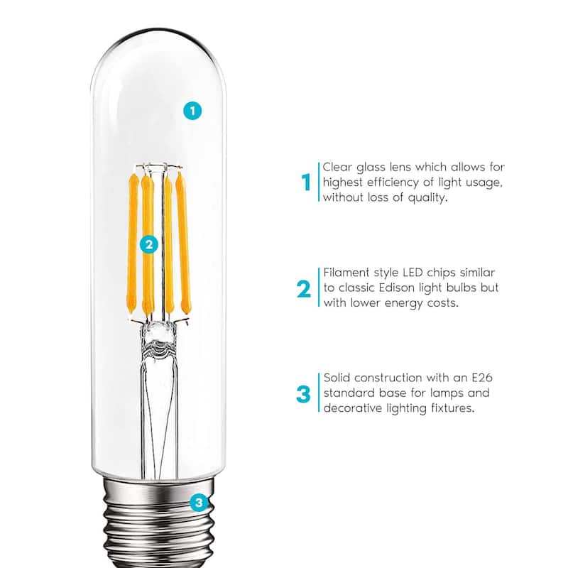 Luxrite 6 Pack T10 LED Bulb 5W=60W 3000K Soft White Edison Bulb 500 Lumens Tubular Light Bulb Damp Rated UL Listed E26