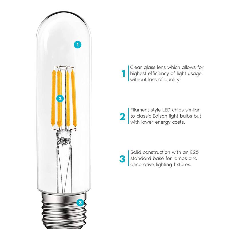 Luxrite T10 LED Bulb 5W=60W 3000K Soft White Edison Bulb 500 Lumens Tubular Light Bulb Damp Rated UL Listed E26 3 Pack