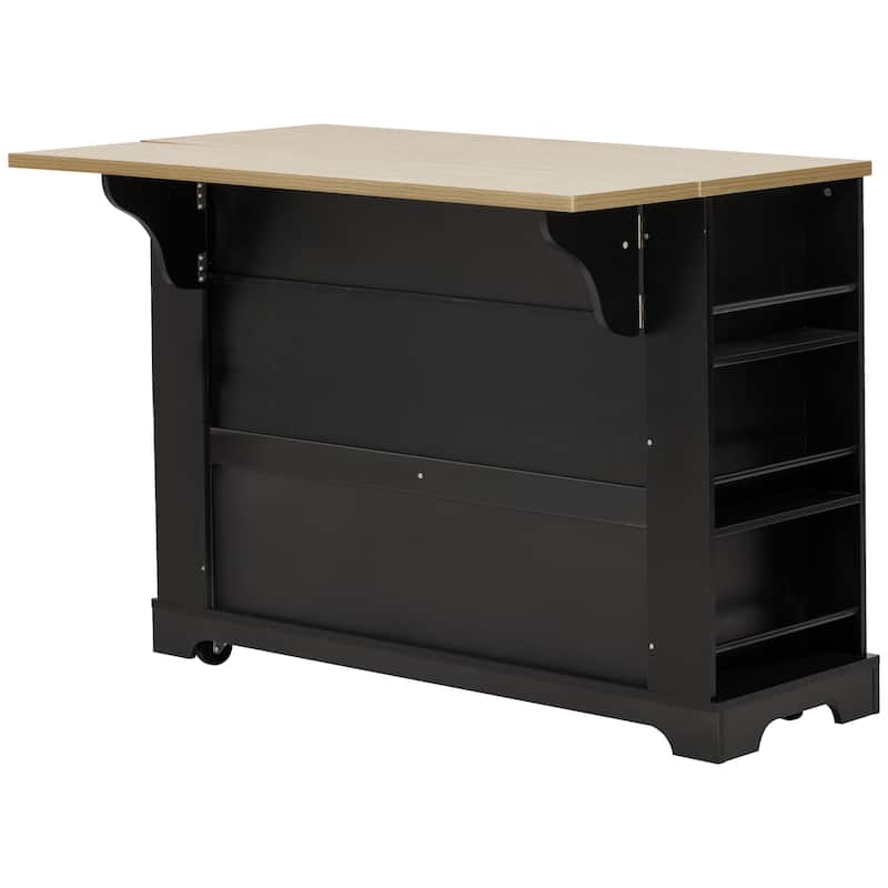Kitchen Island with 6 Drawers, Pull Out Trash Can Storage, with Drop Leaf, Power Outlet, 5 Open Side Racks
