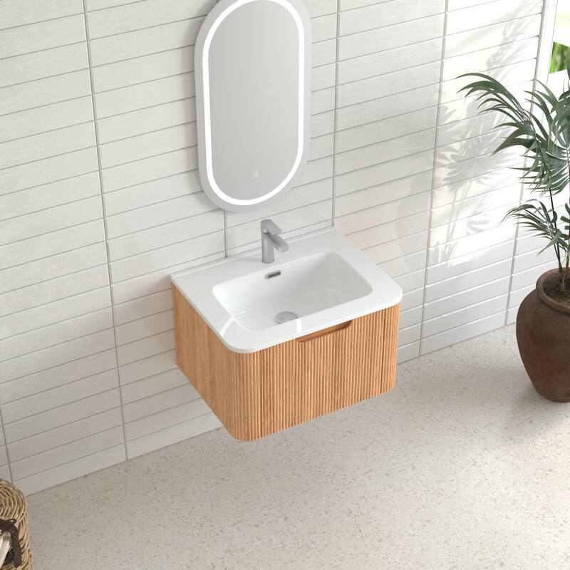 24" Wall-Mounted Floating Bathroom Vanity Pre-Assembled Curved Edge Storage Bathroom Cabinet With Ceramic Basin