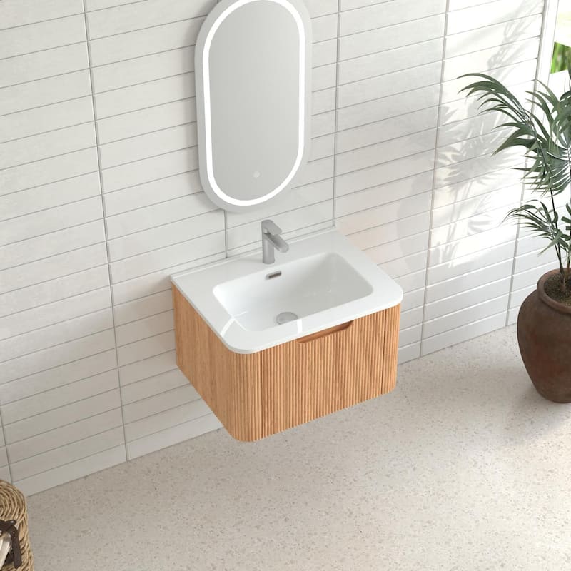 24" Wall-Mounted Floating Bathroom Vanity Pre-Assembled Curved Edge Storage Bathroom Cabinet with White Ceramic Basin