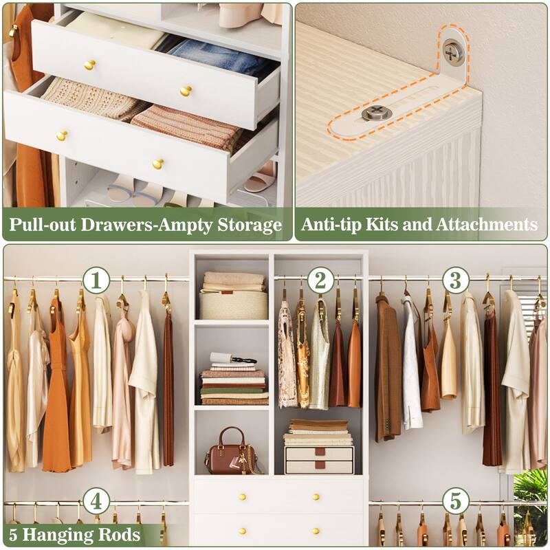 Closet Organizer with 5 Hanging Rods and 2 Drawers, Adjustable Closet System with Shelves and Shoe Rack