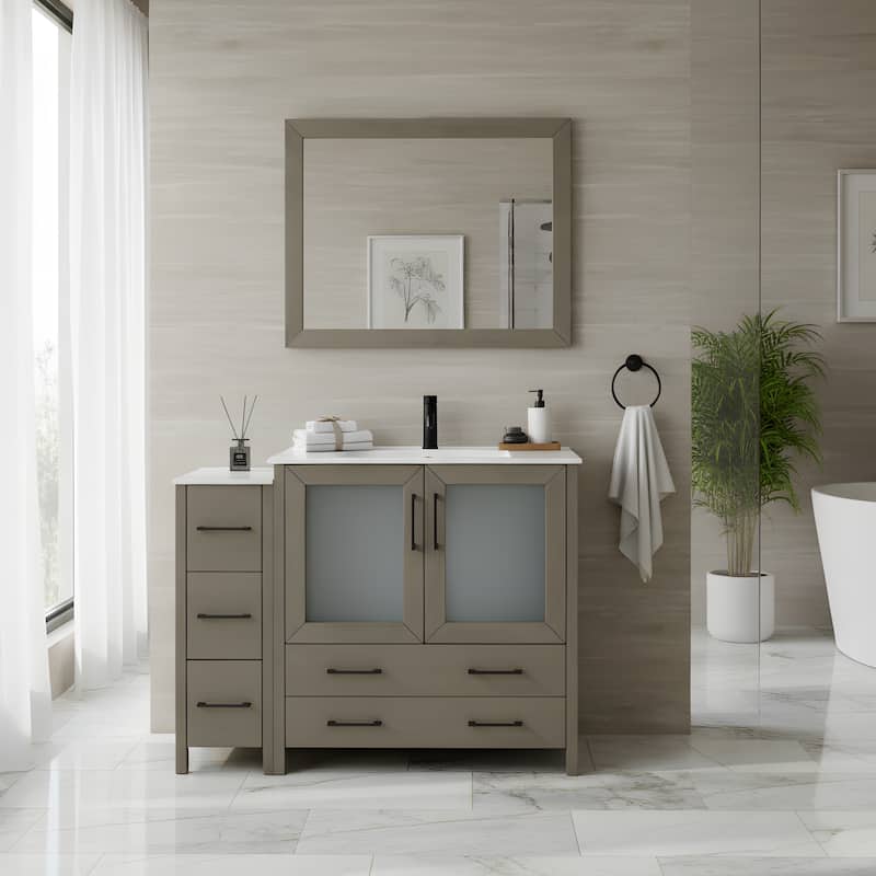 Vanity Art 48-Inch Single Sink Bathroom Vanity Set 5 Dove-Tailed Drawers 2 Cabinets 1 Shelf Soft-Closing Doors with Free Mirror - Driftwood Gray