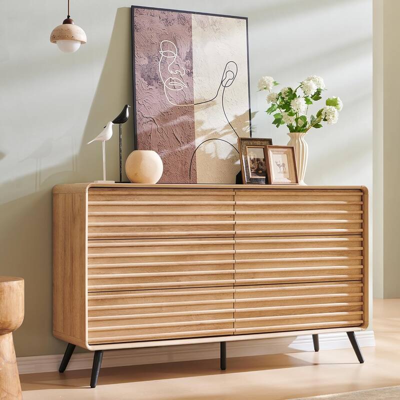 Mid Century Modern 6 Drawers Dresser, Wood Fluted Chest of Drawers - Natural Oak