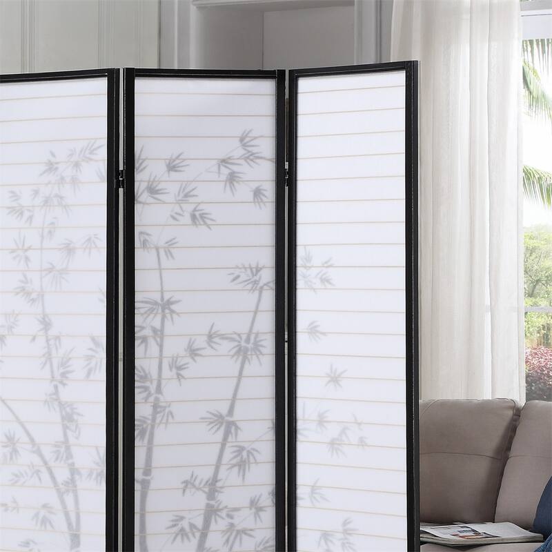 Bamboo Print 4-Panel Framed Room Screen/Divider, Black/White