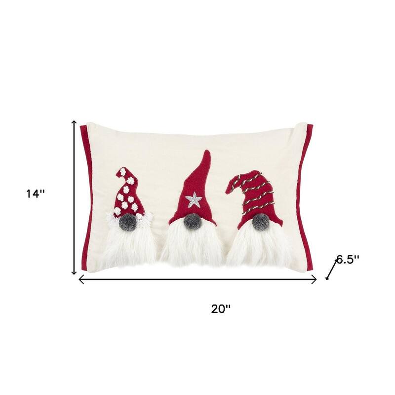 HomeRoots 14" X 20" Red And Ivory Cotton Christmas Gnomes Throw Pillow With Embroidery