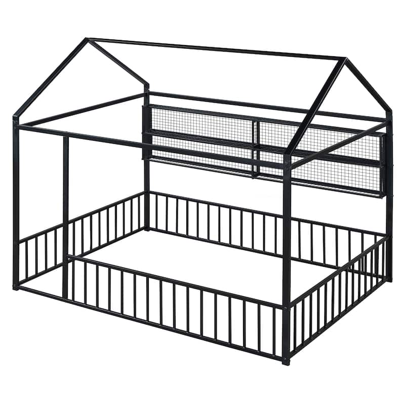Full Metal House Bed Frame with Storage Shelves & Fence