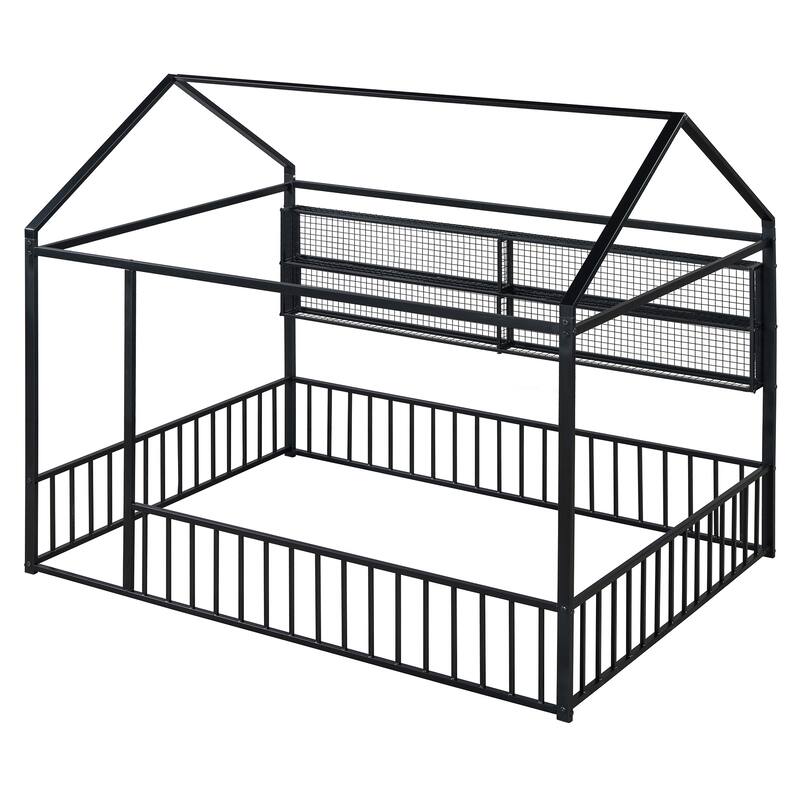 Full Size Metal House Bed Frame with Built-In Grid Shelves, Playful Canopy Design and Space-Saving Storage