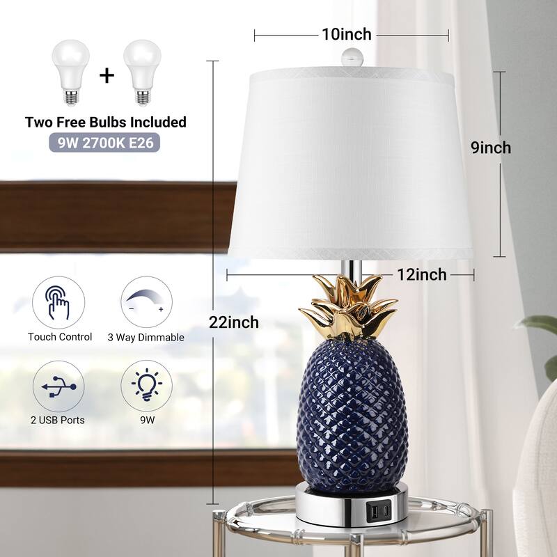 3 Way Dimmable Ceramic Table Lamp with USB Port, Tall Coastal Table Lamps (Set of 2)