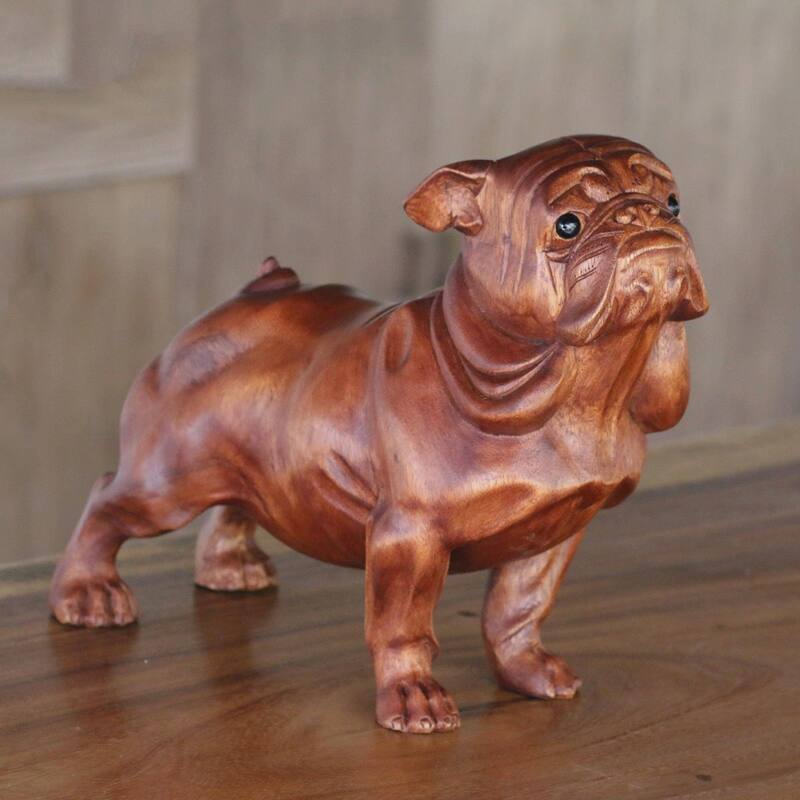 Handmade Begging Bulldog Wood and onyx sculpture(Indonesia)