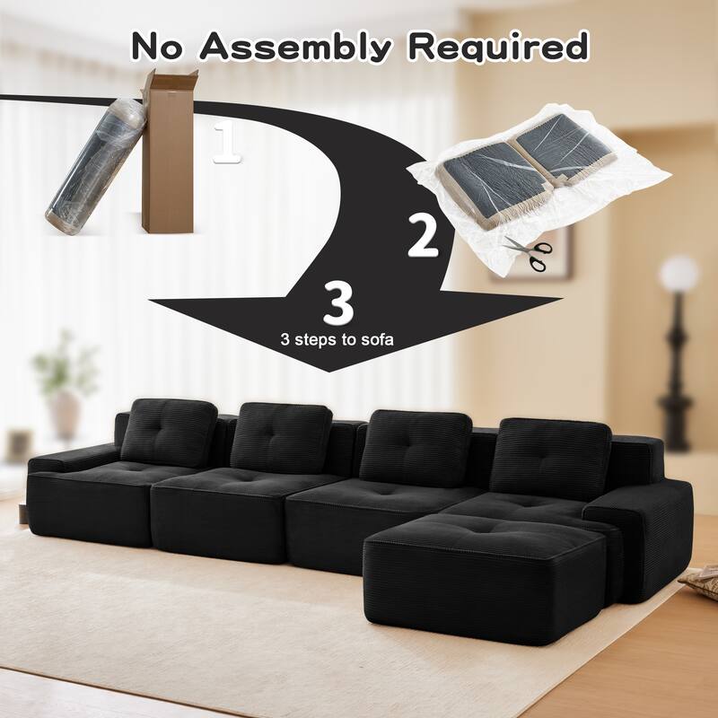 Roomfitters No Assembly Modular Sofa, 117 Inch Corduroy 3-Seater with Piping, Black