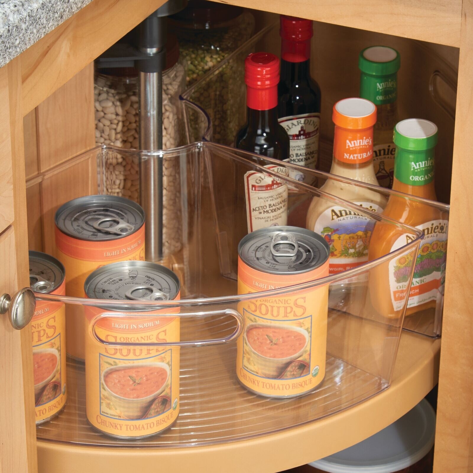mDesign Plastic Lazy Susan Organizer Bins with Handle for Kitchen