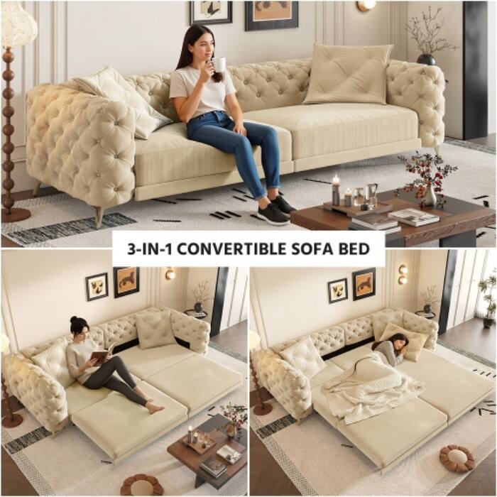 97.7" 3-in-1 Convertible Sleeper Sofa, Pull Out Sofa Bed with Ottoman, 4-Seater for Small Spaces & Apartments - Apricot