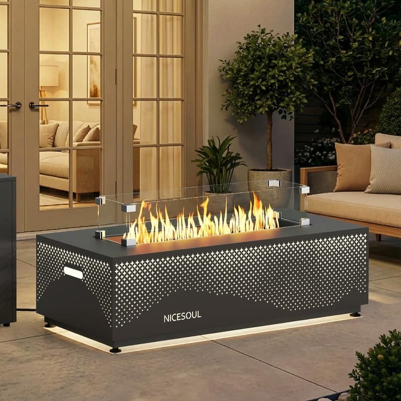 Outdoor 50,000 BTU Rectangular Steel Fire Pit Table with Hidden Tank, Convertible to Natural Gas - Lattice