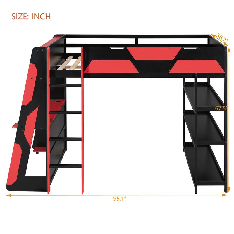 Full Size Gaming Loft Bed Station with Desk, Storage Shelves & RGB LED Lights