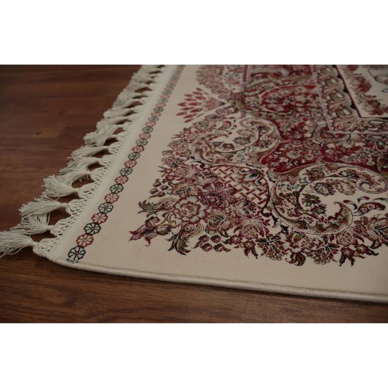 Machine Made Oriental 90% Silk - 10% Polyester Carpet Traditional All-Over Beige & Ivories Qum Area Rug - 9' 10'' X 6' 6''