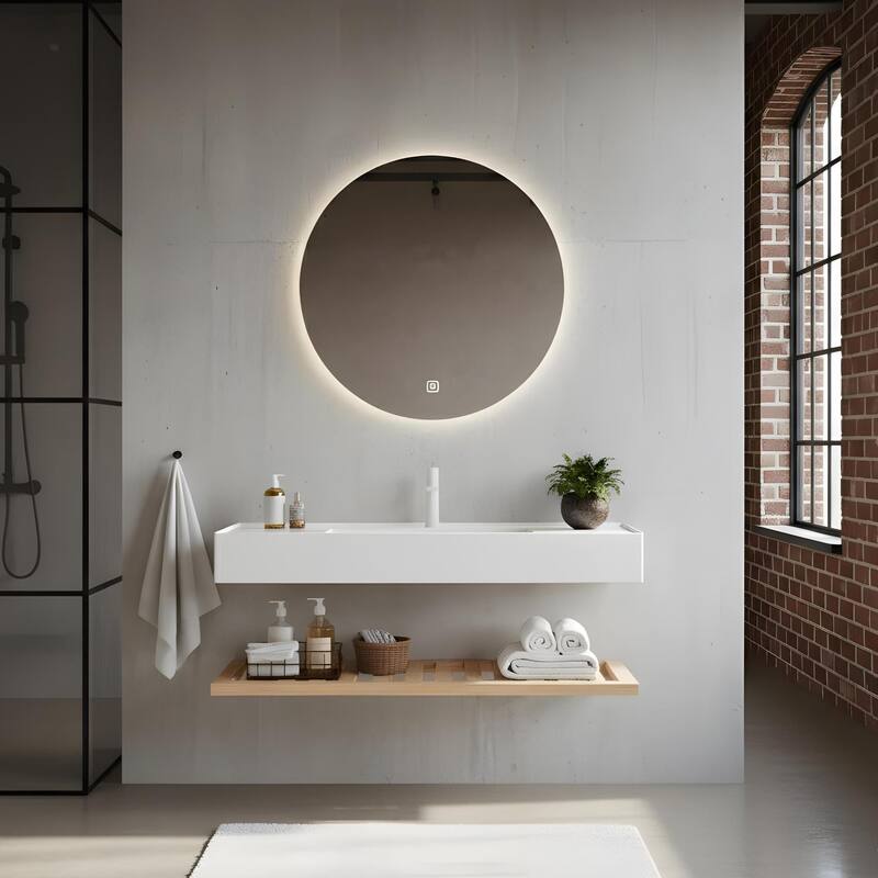 Bathroom Vanity with Vessel Sink and Striped Shelf Layer