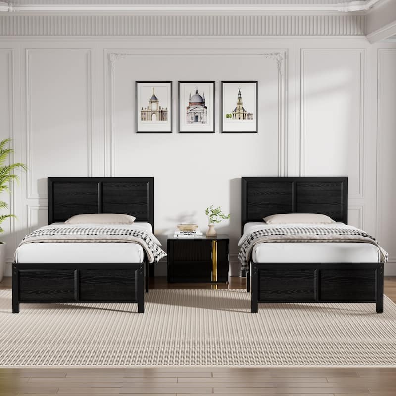 VECELO Set of 2 Platform Twin Beds 12.6" Elevated Storage Space MDF Partitioned Headboard & Footboard No Box Spring Needed - Black