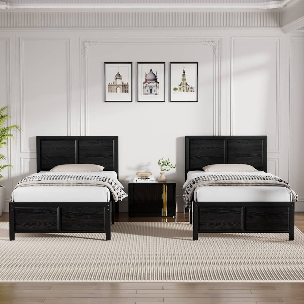 VECELO Set of 2 Platform Twin Beds 12.6" Elevated Storage Space MDF Partitioned Headboard & Footboard No Box Spring Needed