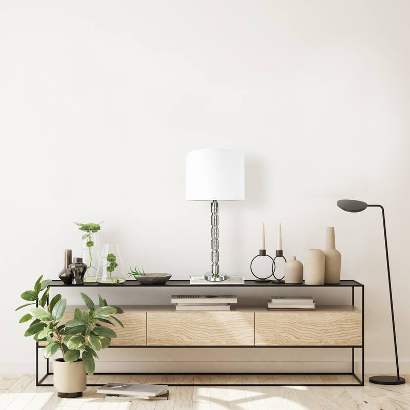Faceted Stacked Metal Table Lamp with Linen Shade - Brushed Nickel