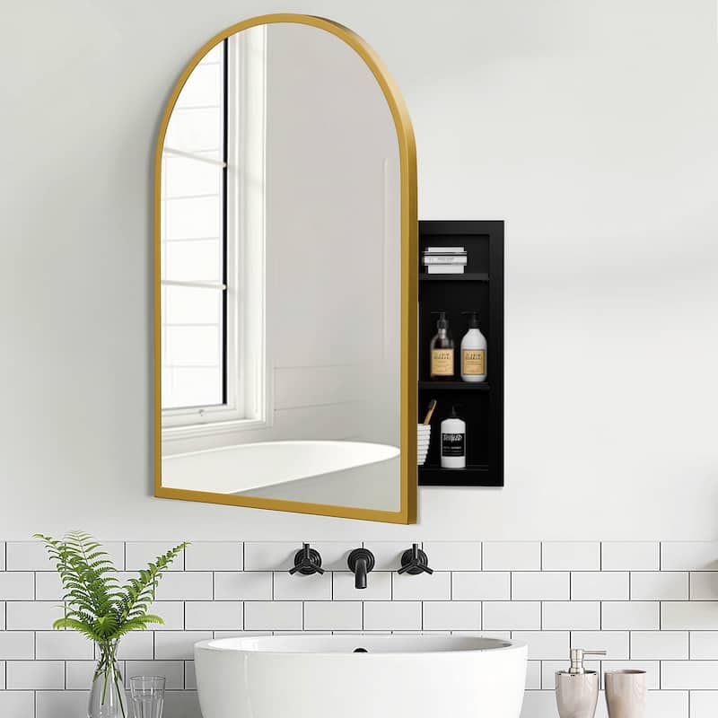 Arched Bathroom Medicine Cabinet with Mirror Metal Framed Wall Mounted Recessed Cabinets for Bathroom Vanity
