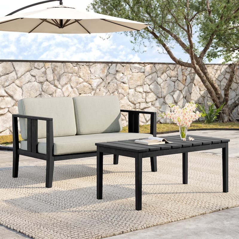 Teak Wood Water Resistant Outdoor Loveseat and Coffee Table Set (Set of 2)