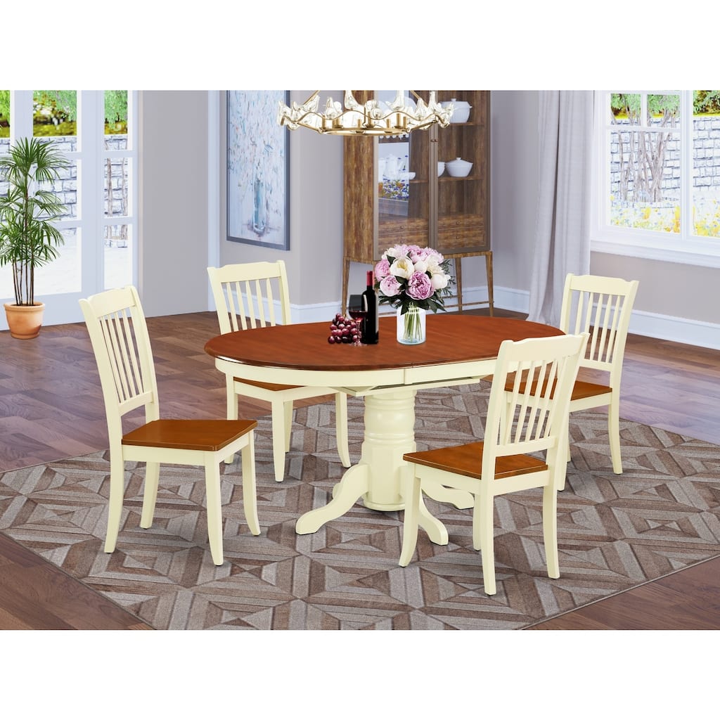 HomeStock 5-Piece Oval Buttermilk & Cherry Finish Solid Wood Top Dining table with 4 Chairs with Slat Back