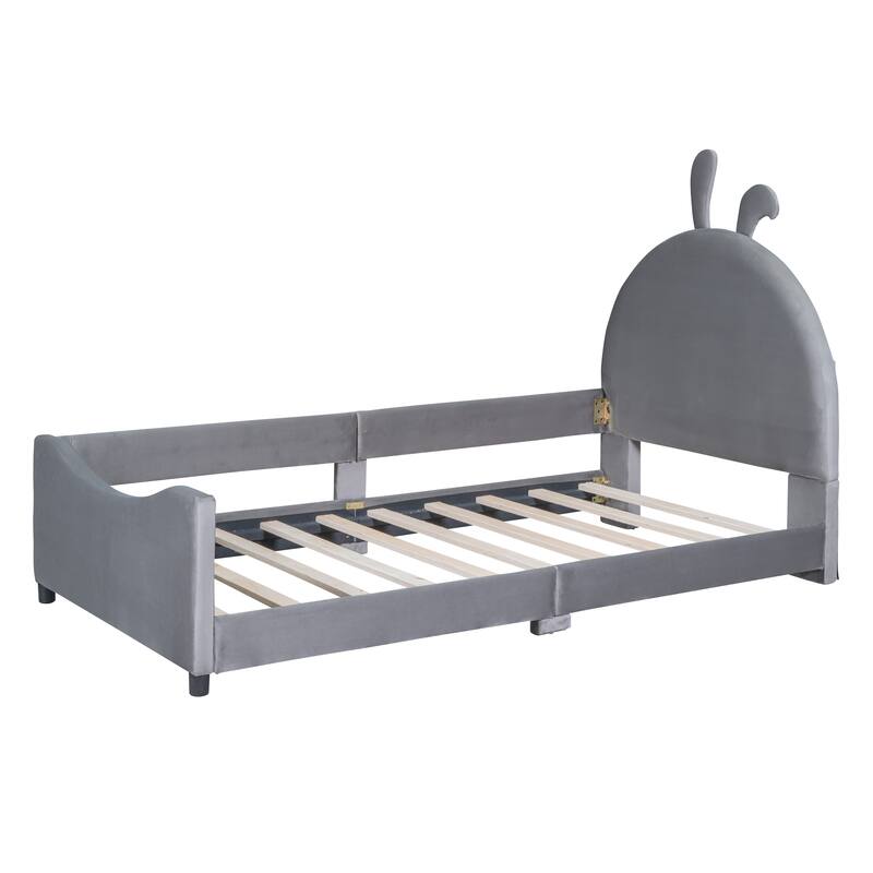 Twin Upholstered Daybed with Fun Rabbit Ear-Shaped Headboard, Velvet Finish, and Sturdy Wood Frame - Grey/Beige/Pink