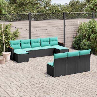 vidaXL 10 Piece Patio Sofa Set with Cushions Black Poly Rattan