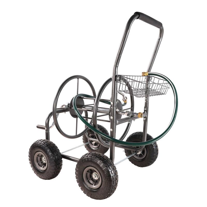Hose Reel Cart with 4 Wheels, Foam-Padded Handle, Storage Basket, and Weather-Resistant Coating - ABS+Rubber+Steel (Q235)