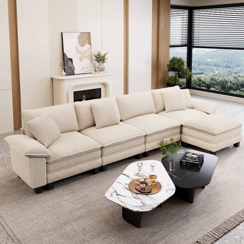 MAISON ARTS Modular Cloud Sectional Sofa, Comfy L- or U-Shaped Couch with Ottomans & Pillows, 4–6 Seat Living Room Sofa - Beige Corduroy (5 Pieces) - Reversible