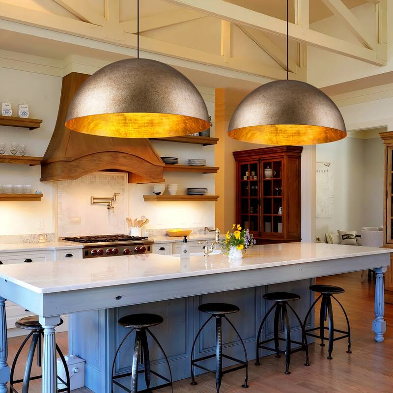 31" Brass Industrial Farmhouse Dome Pendant Light Oversized Large Kitchen Island Lighting/ Dining Room - 31.49 in. W × 16.53 in. H - Brass with Gold Foil