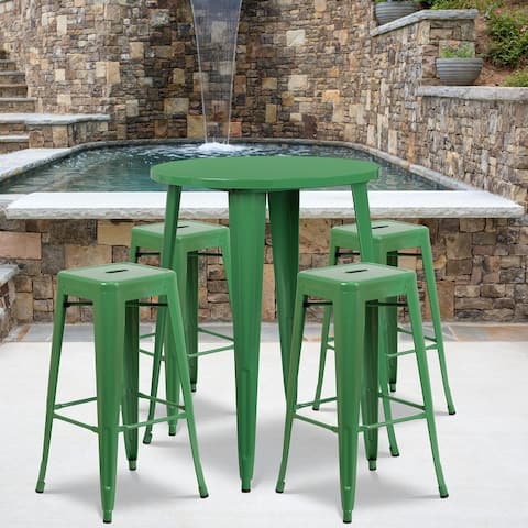 30'' Round Metal Indoor-Outdoor Bar Table Set with 4 Square Seat Backless Stools