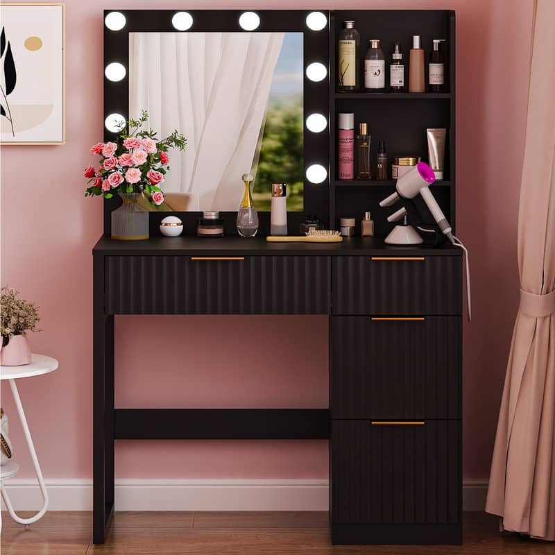Particle Board Veneered with Textured Melamine 4-drawer 2-shelf with 10 Three-color Dimmable Bulbs Dressing Table - N/A