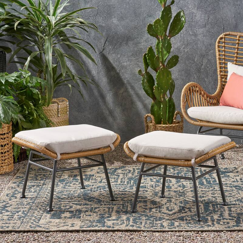 Roomfitters Outdoor Rattan Ottomans with Cushions, Set of 2 Footrests for Patio or Balcony Seating - Beige