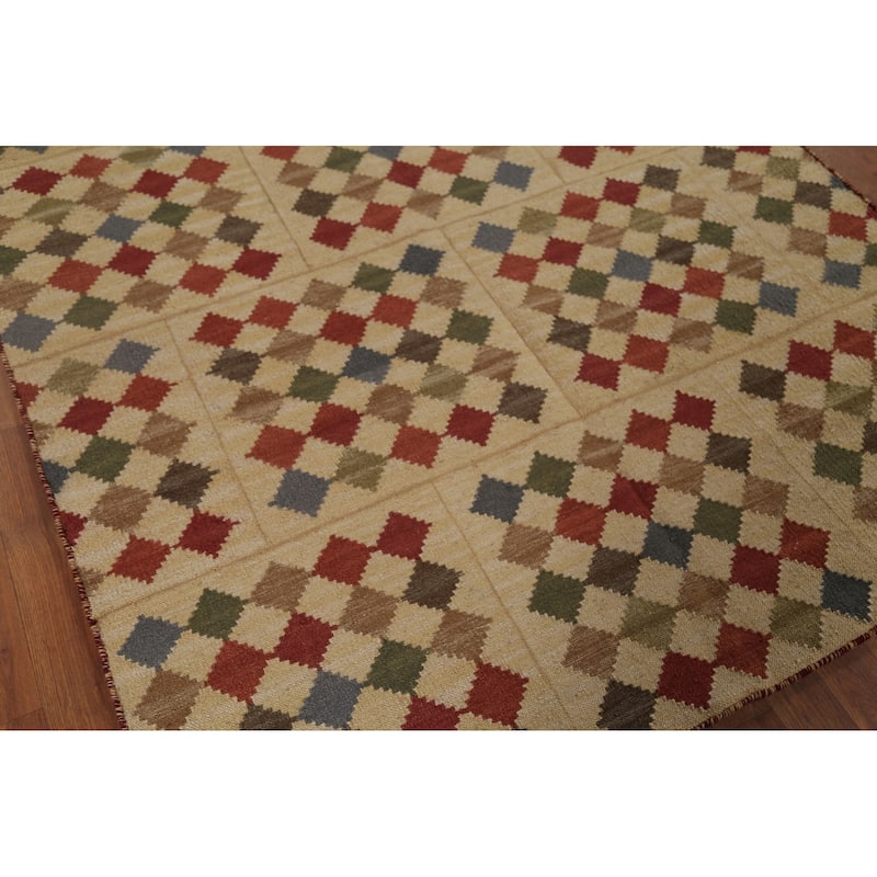 All-Over Flat Weave Geometric Kilim Indian Rug Handmade Wool Carpet - 5'0"x 7'10"