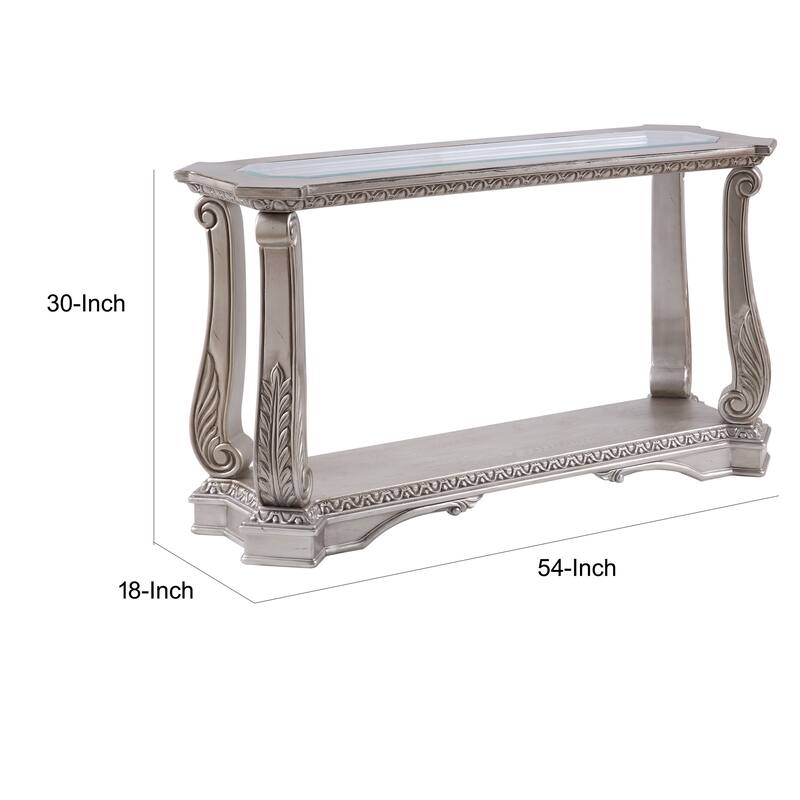 Antique Sofa Table with Polyresin Carvings and Clear Glass Top, Silver