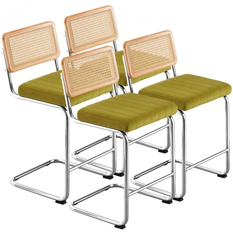 Velvet Upholstered Rattan Counter/Bar Stools, Set of 2/3 - Set of 4 - 26"Silver Legs-Olive Green