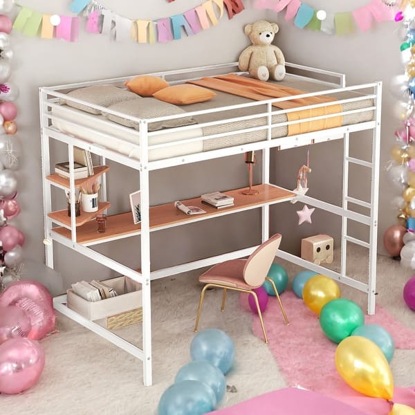 slide 2 of 22, Full Metal Loft Bed with Desk, Shelve, Ladder and Guardrail, White White