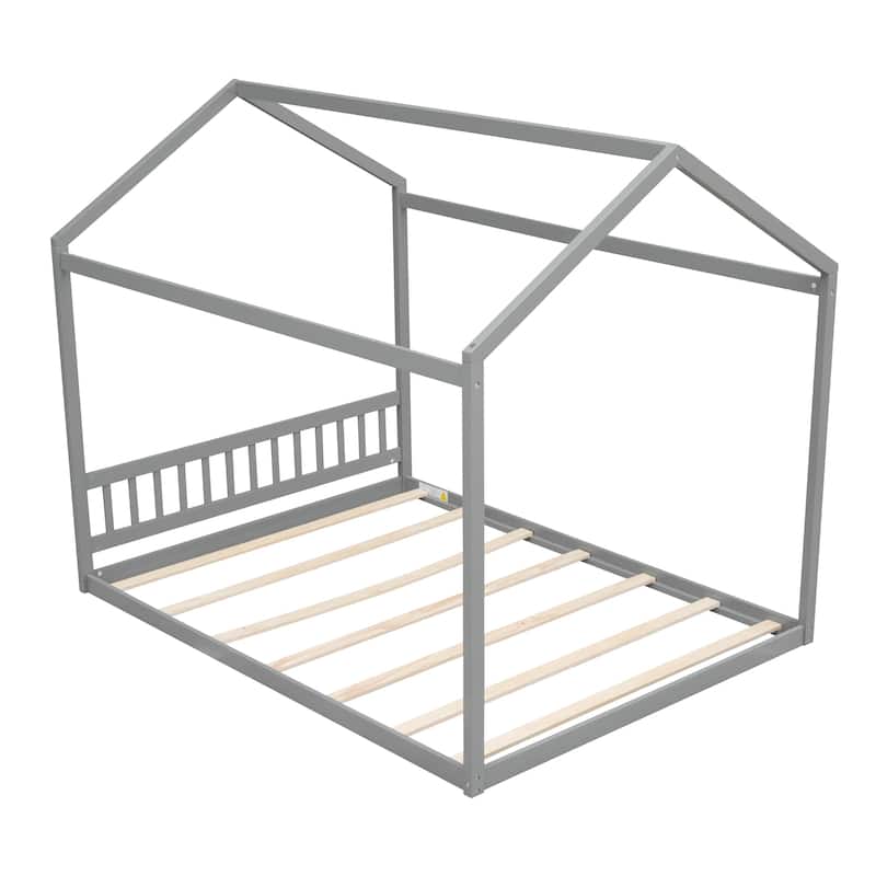 Roomfitters Queen Size Wooden House Bed with Headboard and Modern Frame Design