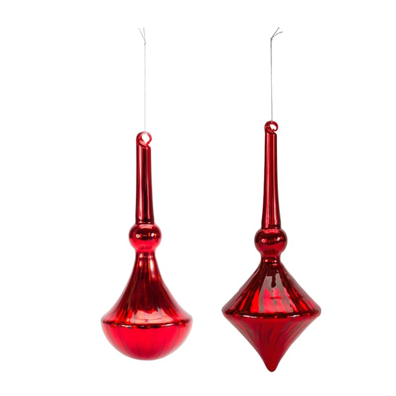 Shiny Finial Drop Glass Christmas Ornaments - 10.5" - Red - Set of 12