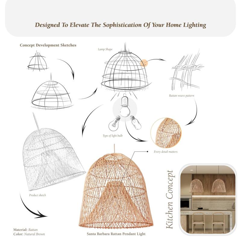 Santa Barbara Rattan Pendant Light - Natural Dome 1-Light Handwoven Light Fixture For Modern, Coastal, Farmhouse Room Decor