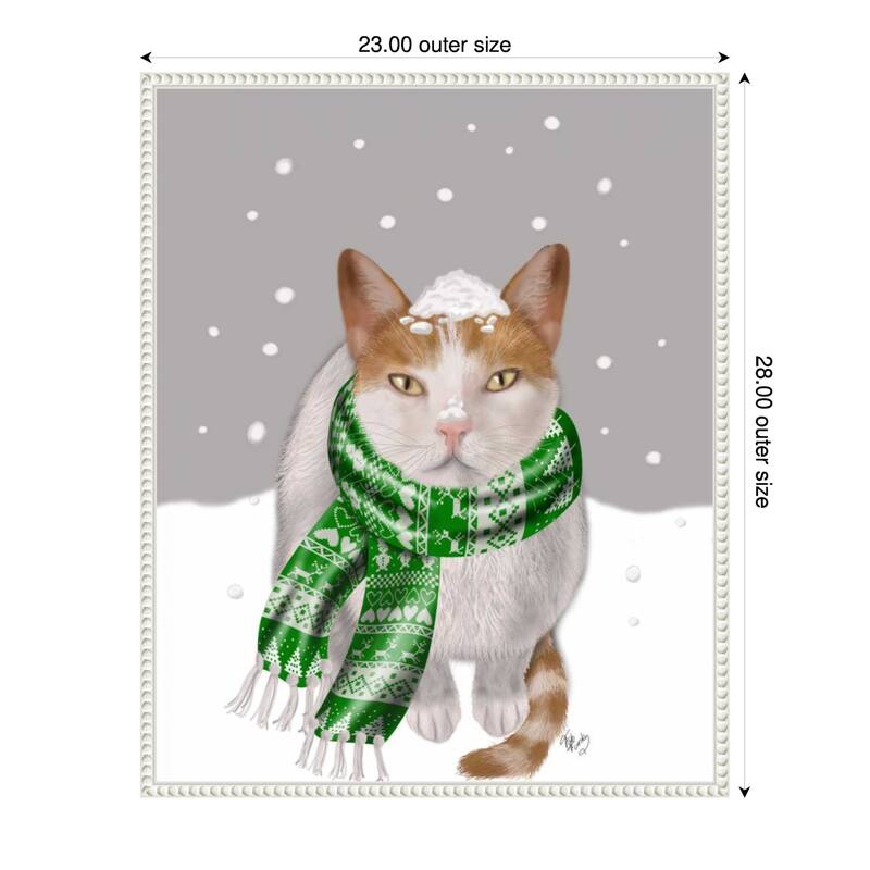 White Cat Green Scarf by Fab Funky (23 x 28 in.), Framed Canvas Wall Art Print - Sylvie Beaded White