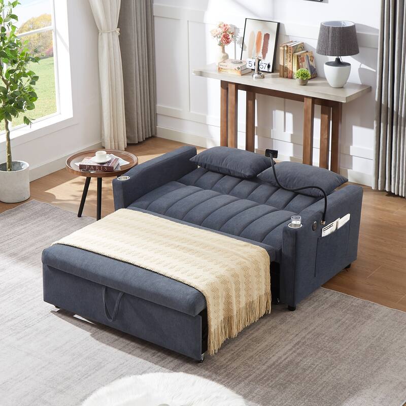 Modern Convertible Sofa Bed with 3 USB Ports, 2 Side Pockets, 2 Cup Holders and Phone Holder for Living Room and Apartment