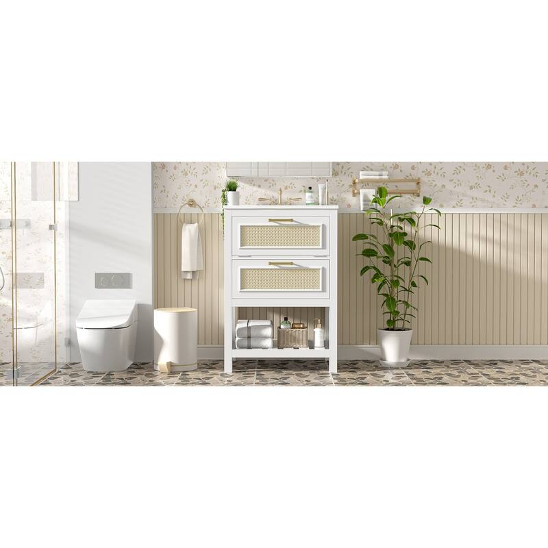 24"Bathroom Vanity with Integrated Ceramic Sink,Bathroom Cabinet with 1 Deep Drawer,1 Tip-Out Drawer,Single Sink Bathroom Vanity